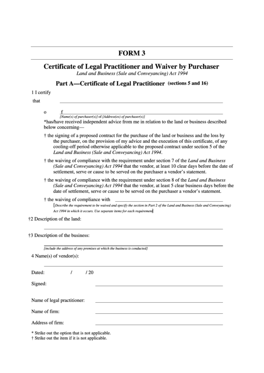 Form 3 - Certificate Of Legal Practitioner And Waiver By Purchaser Printable pdf