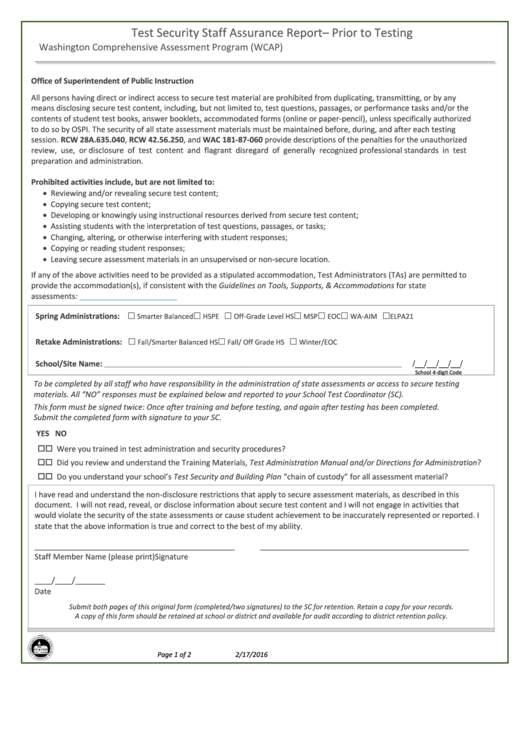 Test Security Staff Assurance Report Form - Washington Comprehensive Assessment Program (wcap)