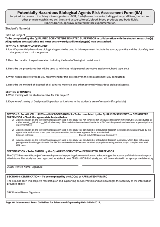 Fillable 6a - Potentially Hazardous Biological Agents Risk Assessment Form Printable pdf