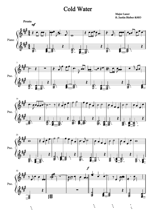 Cold Water - Major Lazer (Piano Sheet Music) Printable pdf