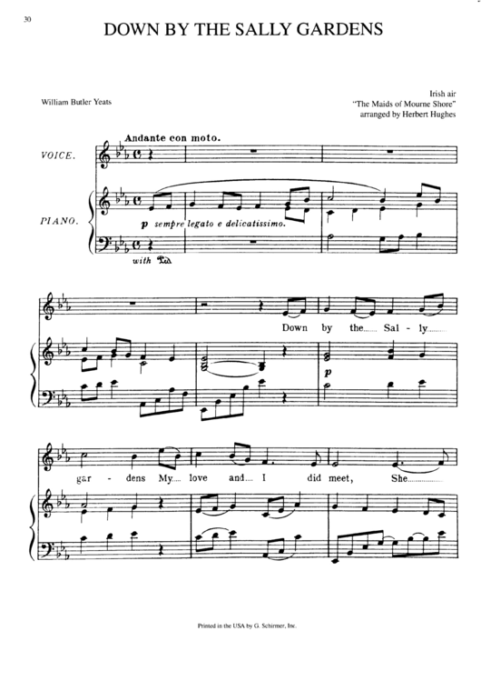 Down By The Sally Gardens - William Butler Yeats (Piano Sheet Music) Printable pdf