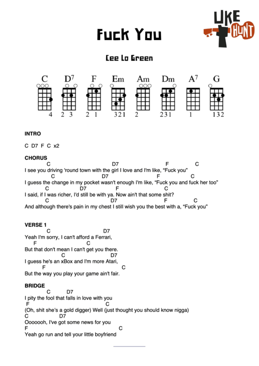Fuck By yourself - Cee Lo Environmentally friendly (Ukulele Chord Chart) printable pdf graphic about Printable Ukulele Chord Chart called Fuck Your self - Cee Lo Inexperienced (Ukulele Chord Chart) printable pdf