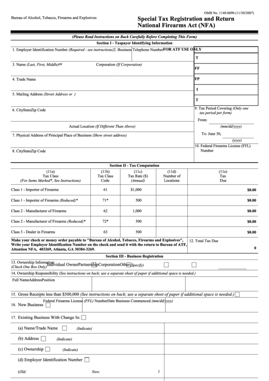 Fillable Atf E-Form 5630.7 - Special Tax Registration And Return National Firearms Act (Nfa) - 2007 Printable pdf