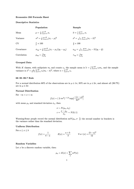 Economic Formula Sheet - Descriptive Statistics Printable pdf