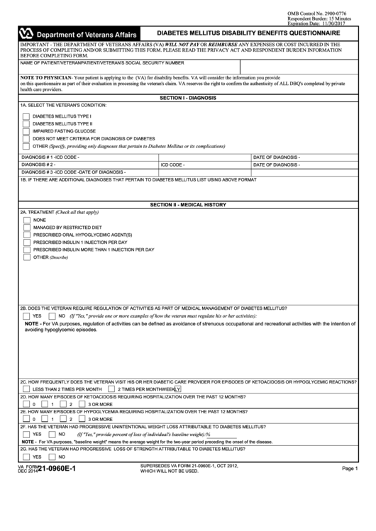 Fillable Va Form 21-0960e-1 - Diabetes Mellitus Disability Benefits Questionnaire Printable pdf
