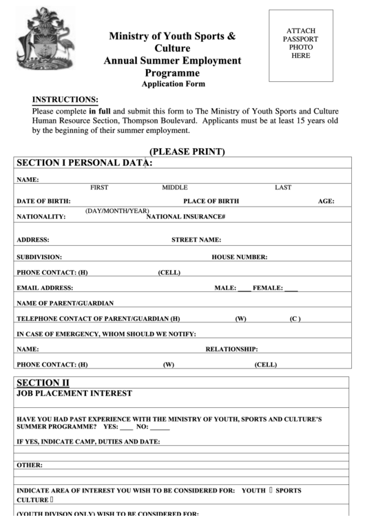 Annual Summer Employment Programme Application Form Printable pdf