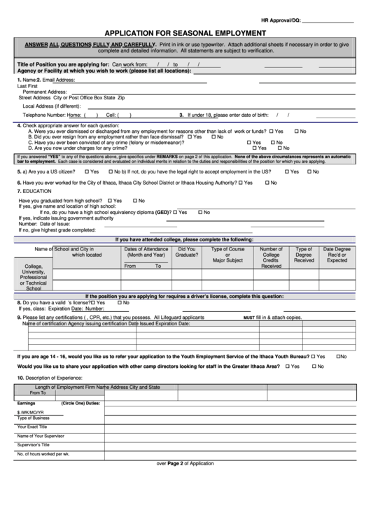 Application For Seasonal Employment Form Printable pdf