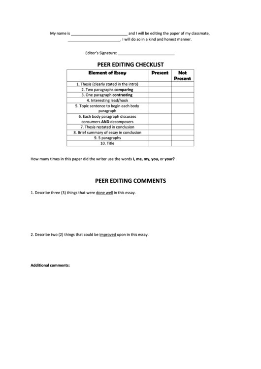 Peer Editing Checklist Template Printable pdf
