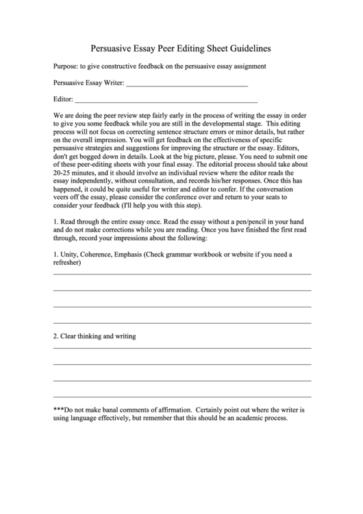 Persuasive Essay Peer Editing Sheet Template