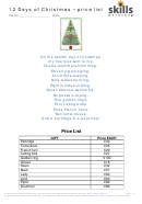 Twelve Days Of Christmas Price List Activity Sheet