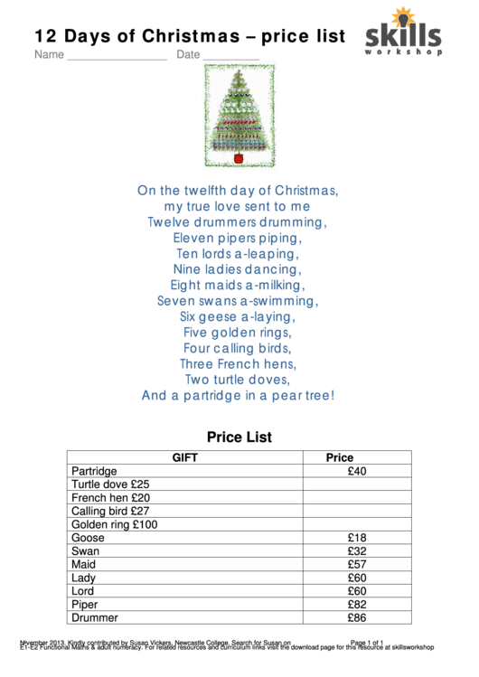 Twelve Days Of Christmas Price List Activity Sheet