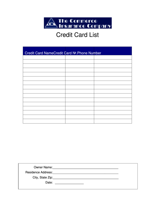 Credit Card List Template Printable Pdf Download