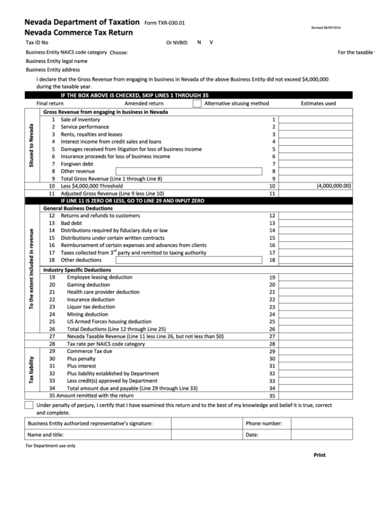 Form Txr-030.01 - Nevada Department Of Taxation - Nevada Commerce Tax Return