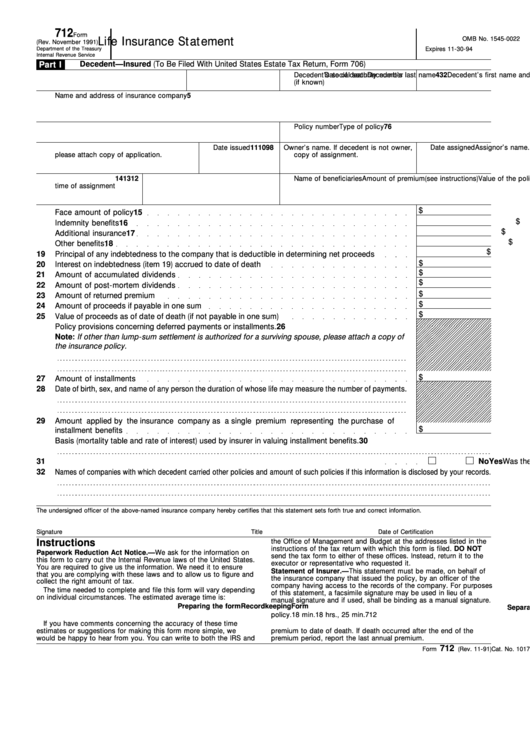Form 712 - Life Insurance Statement (Rev. November 1991) Printable pdf