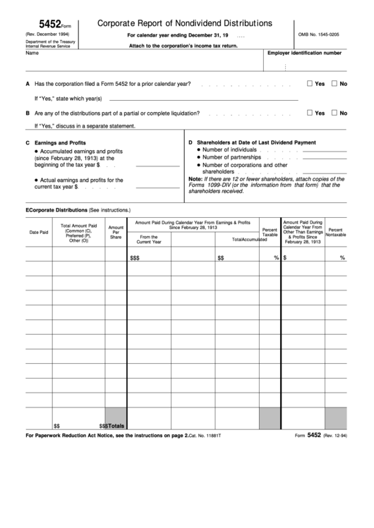 Form 5452 - Corporate Report Of Nondividend Distributions 1994 Printable pdf