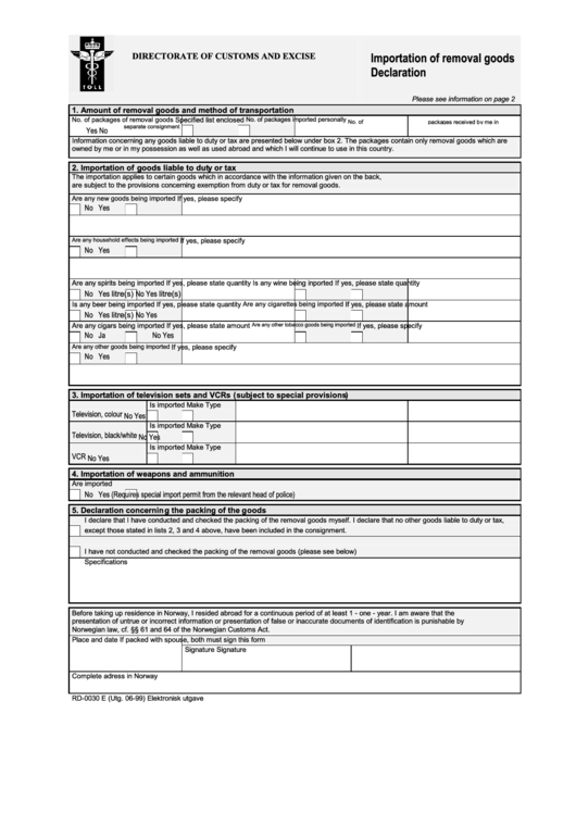 Importation Of Removal Goods - Declaration Form Printable pdf