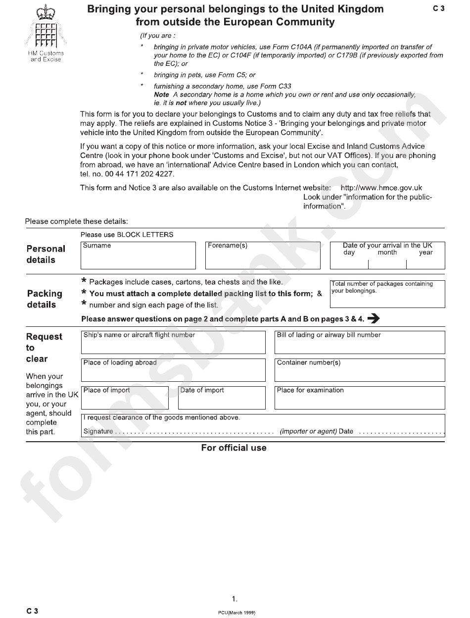 Form C 3 - Hm Customs And Excise