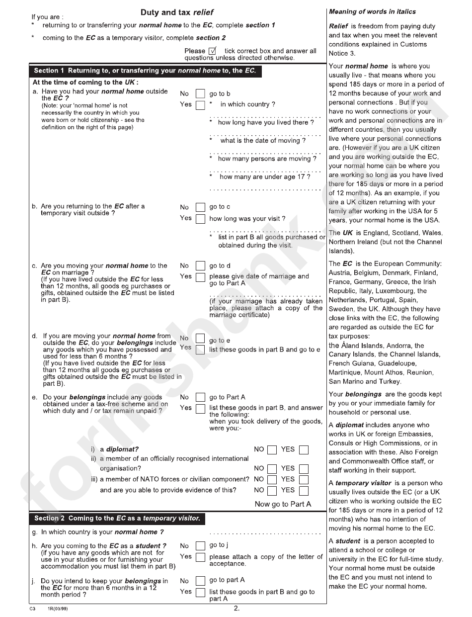 Form C 3 - Hm Customs And Excise