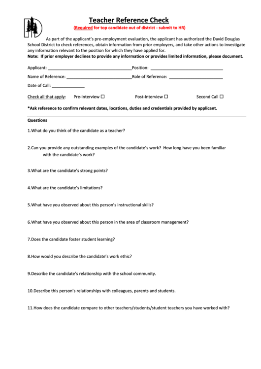 Fillable Teacher Reference Check Template Printable pdf