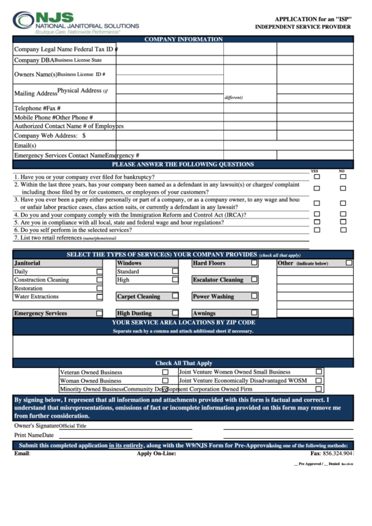Application For An "Isp" Independent Service Provider & Irs Form W-9 & Njs Verification Form Printable pdf