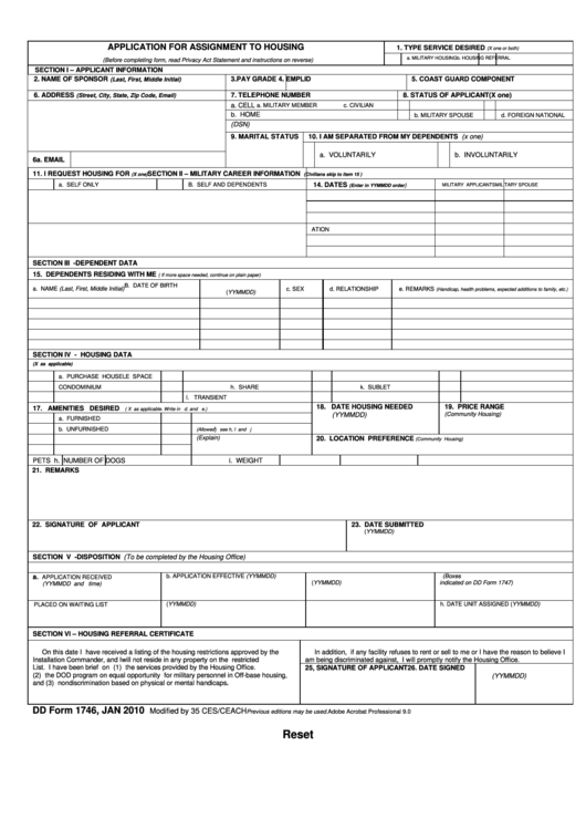 Fillable Dd Form 1746 - Application For Assignment To Housing - 2010 Printable pdf