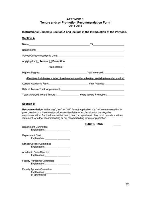 Fillable Tenure And/or Promotion Recommendation Form Printable pdf