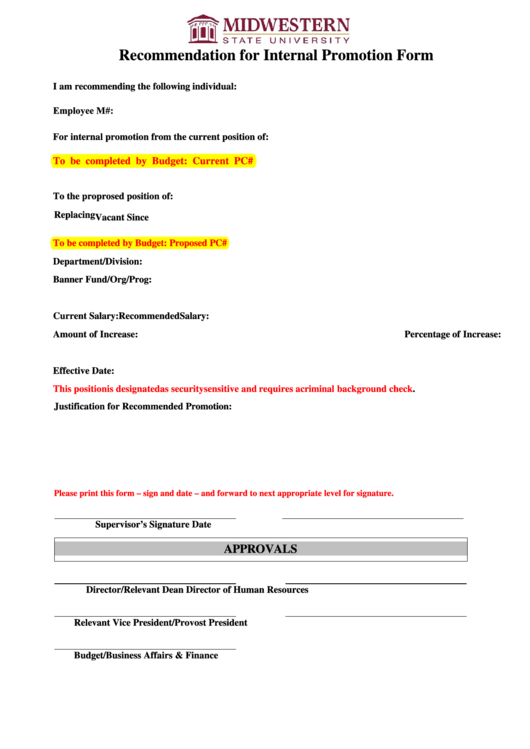 Fillable Recommendation For Internal Promotion Form Printable pdf