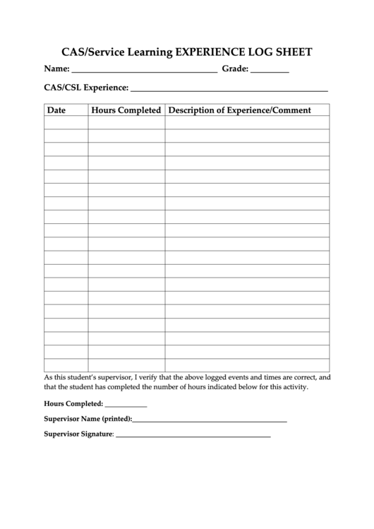 Cas/service Learning Experience Log Sheet