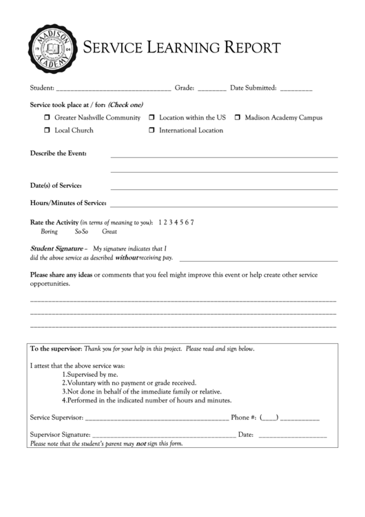 Service Learning Report Form - Madison Academy Printable pdf
