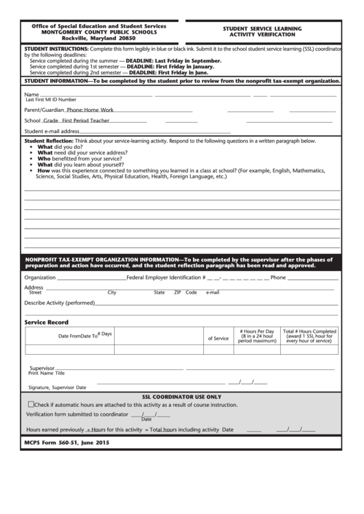 Fillable Student Service Learning Activity Verification Form Printable pdf