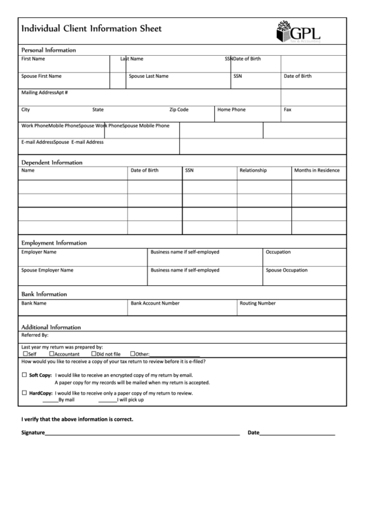 Individual Client Information Sheet Printable pdf