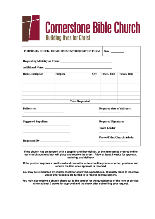 Purchase / Check / Reimbursement Requisition Form - Cornerstone Bible Church Printable pdf