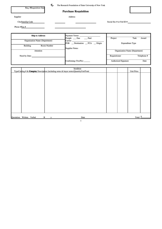 Purchase Requisition Form - Suny Rf Printable pdf