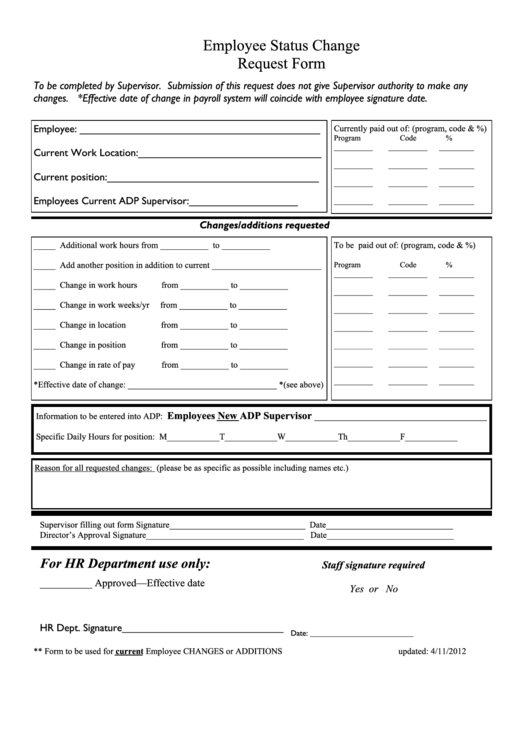 Fillable Employee Status Change Request Form Printable pdf