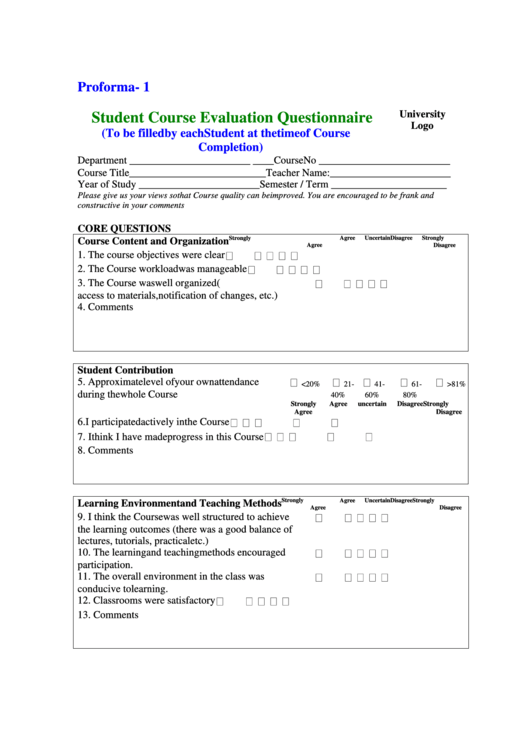 Student Course Evaluation Questionnaire Printable pdf