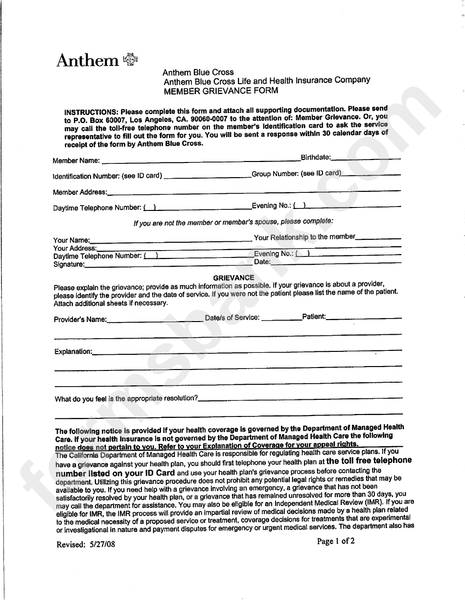 Anthem Blue Cross Member Grievance Form printable pdf download