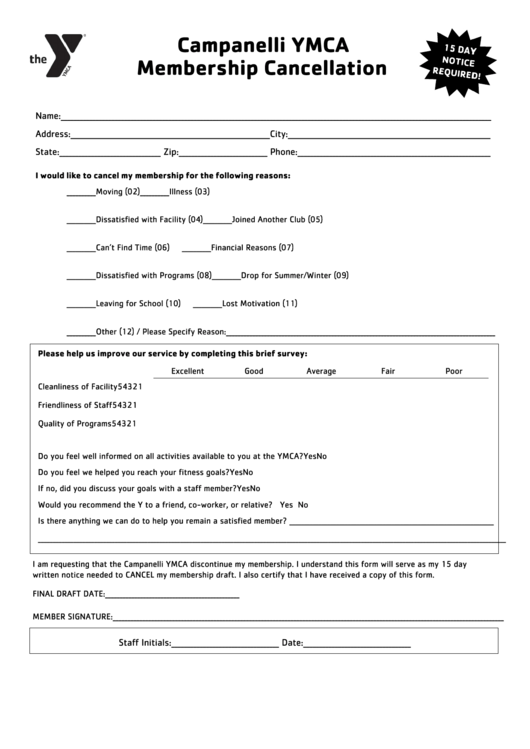 Campanelli Ymca Membership Cancellation Form Printable pdf