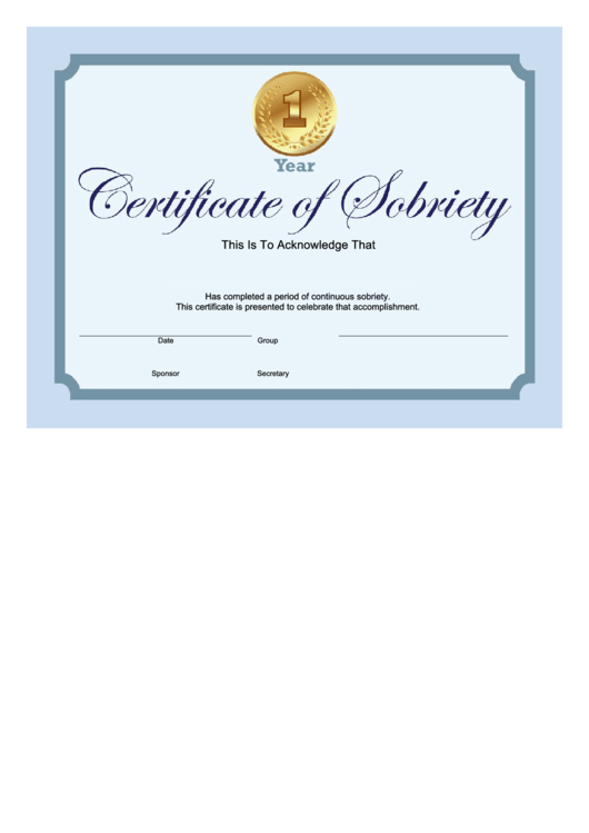 Sobriety Certificate Template - 1 Year - Blue Printable pdf
