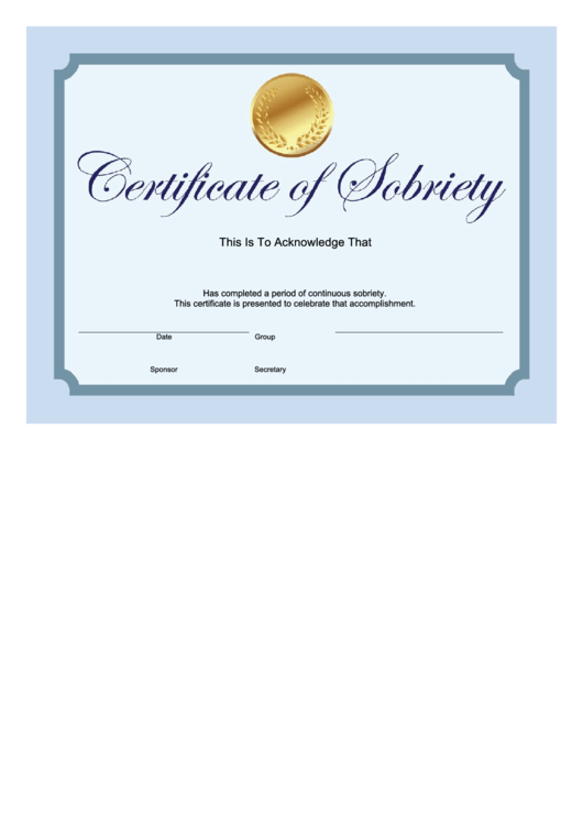 Sobriety Certificate Template - Blank - Blue Printable pdf