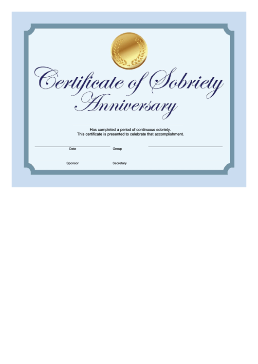 Sobriety Certificate Template - Anniversary - Blue Printable pdf