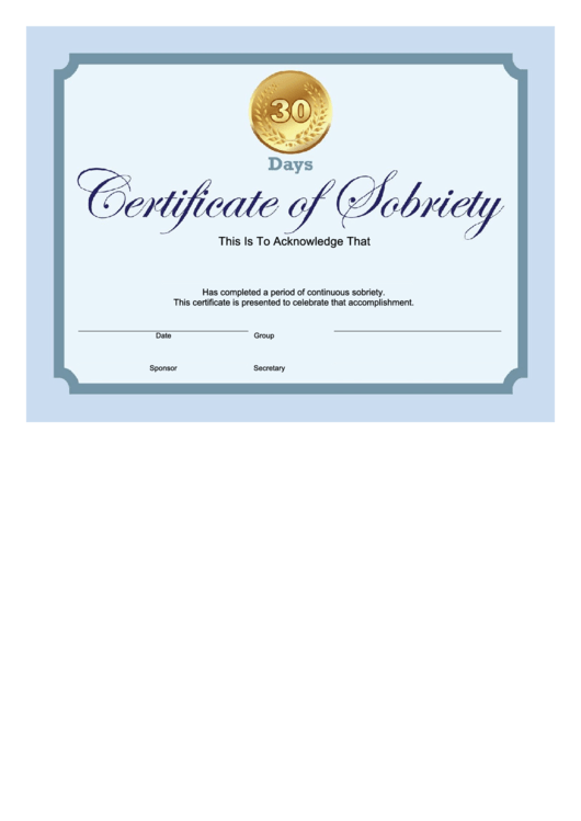 Sobriety Certificate Template - 30 Days - Blue Printable pdf