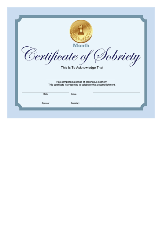 Sobriety Certificate Template - 1 Month - Blue Printable pdf