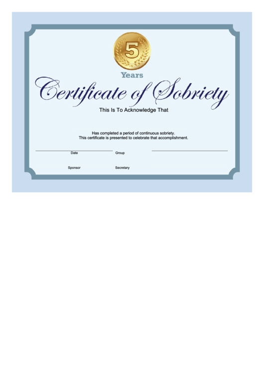 Sobriety Certificate Template - 5 Years - Blue Printable pdf