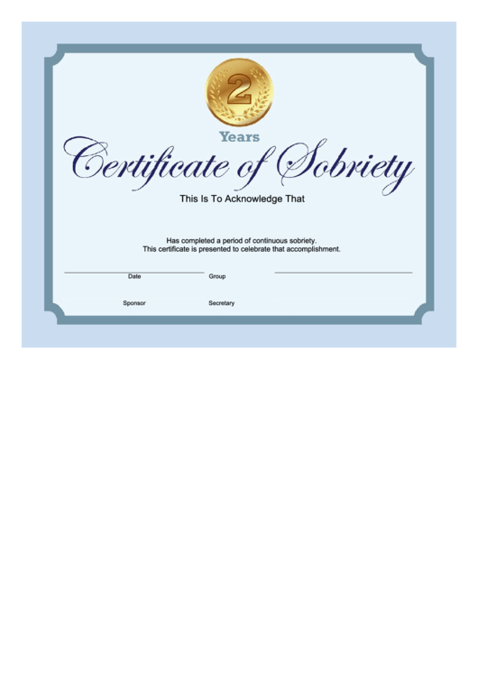 Sobriety Certificate Template - 2 Years - Blue Printable pdf