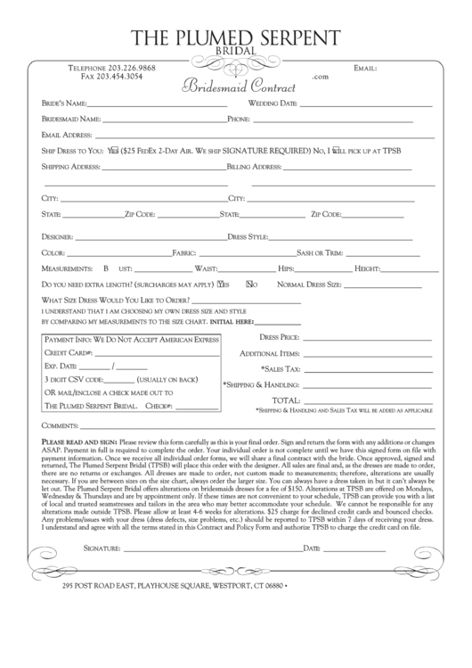 Sample Bridesmaid Contract Form printable pdf download
