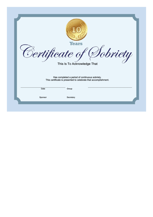 Sobriety Certificate Template - 10 Years - Blue Printable pdf