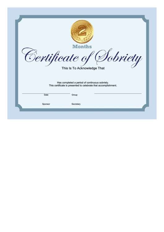 Sobriety Certificate Template - 2 Months - Blue Printable pdf