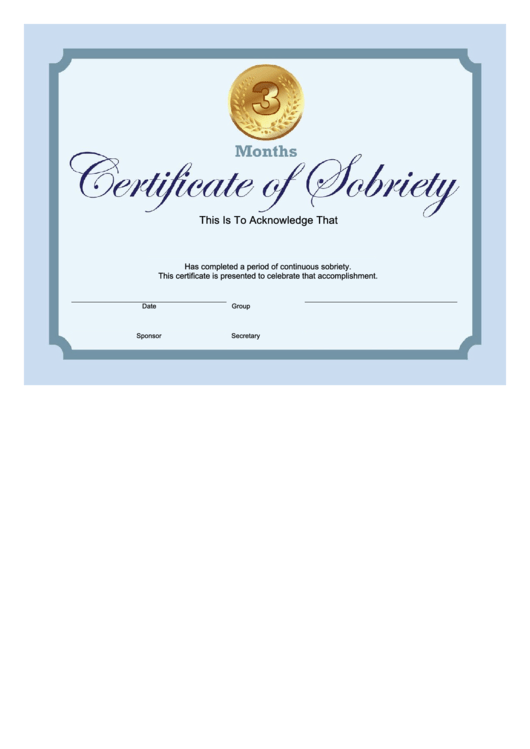 Sobriety Certificate Template - 3 Months - Blue Printable pdf