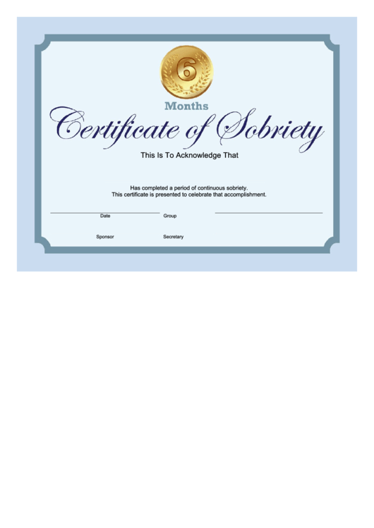 Sobriety Certificate Template - 6 Months - Blue Printable pdf