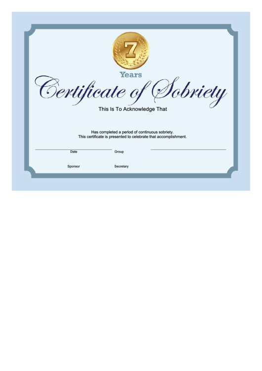 Sobriety Certificate Template - 7 Years - Blue Printable pdf